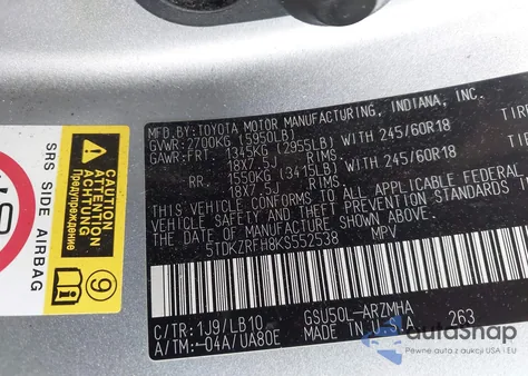 2019 Toyota Highlander Xle from USA, damaged, VIN 5TDKZRFH8KS552538